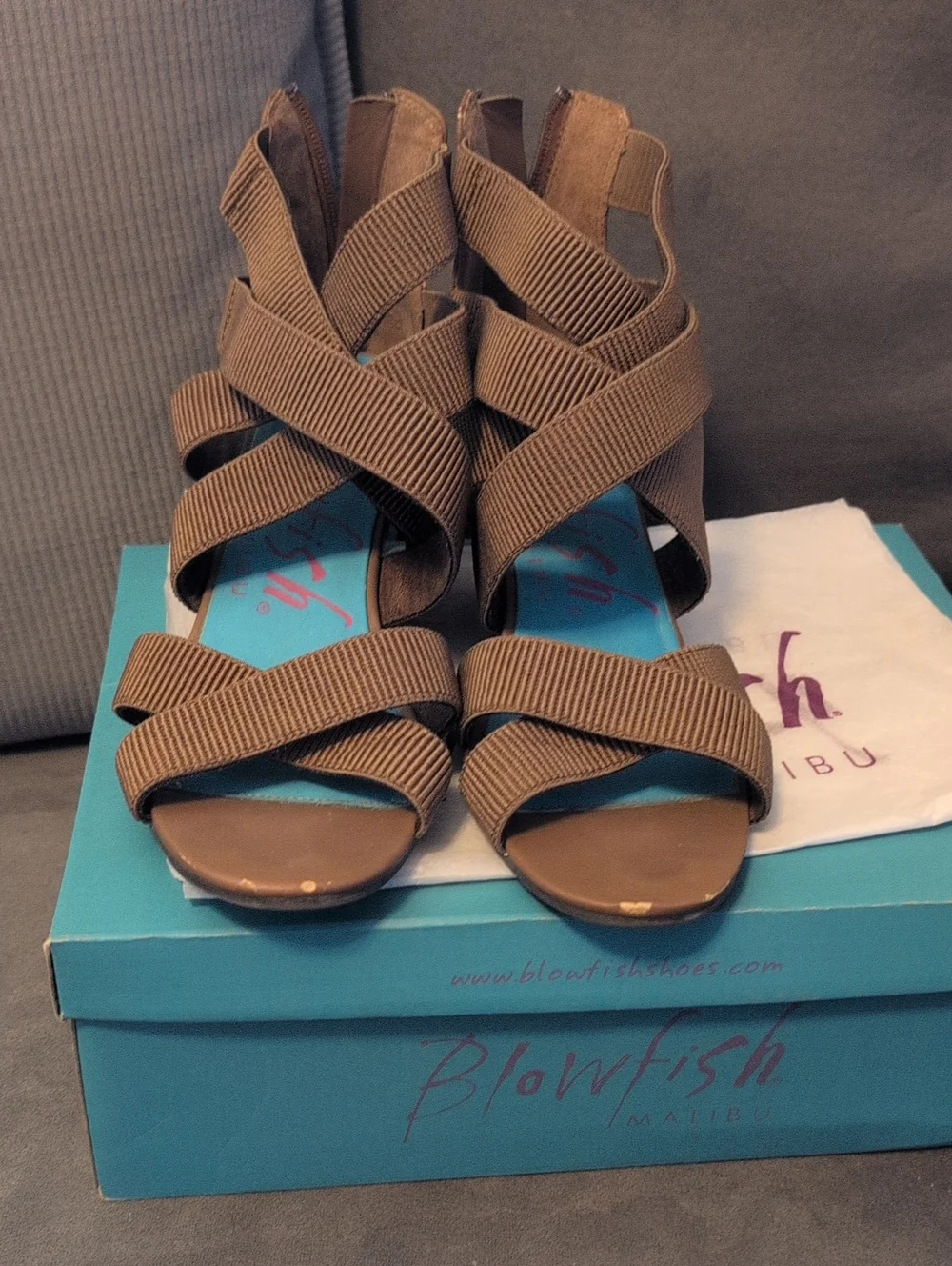Blowfish Brown Nylon Crisscross Wedge Sandals Women's Size 9